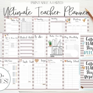 Puede incluir: Un planificador de profesor imprimible tama&ntilde;o A4 con varias p&aacute;ginas para la organizaci&oacute;n. El planificador incluye secciones para notas, horarios semanales y seguimiento de h&aacute;bitos. La portada presenta el texto "Coffee, Teach, Sleep, Repeat."