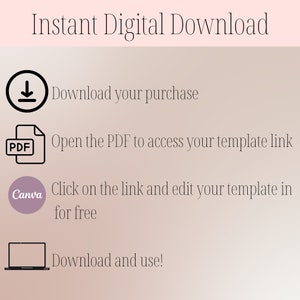 Może przedstawiać: Grafika z instrukcjami, jak pobrać i użyć szablonu cyfrowego. Grafika zawiera ikony do pobrania, plik PDF, Canva i laptopa. Tekst brzmi: "Natychmiastowe pobranie cyfrowe", "Pobierz sw&oacute;j zakup", "Otw&oacute;rz plik PDF, aby uzyskać dostęp do linku do szablonu", "Kliknij w link i edytuj sw&oacute;j szablon za darmo" oraz "Pobierz i użyj!"