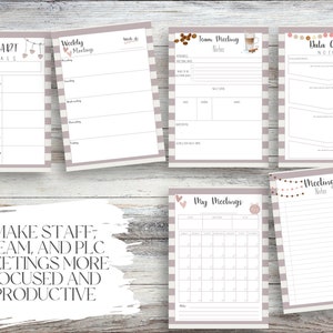 Puede incluir: Un conjunto de plantillas imprimibles para reuniones y planificaci&oacute;n. Las plantillas incluyen secciones para objetivos SMART, reuniones semanales, notas de reuniones de equipo, notas de ciclo de datos y un calendario de reuniones. El dise&ntilde;o presenta una paleta de colores neutros.