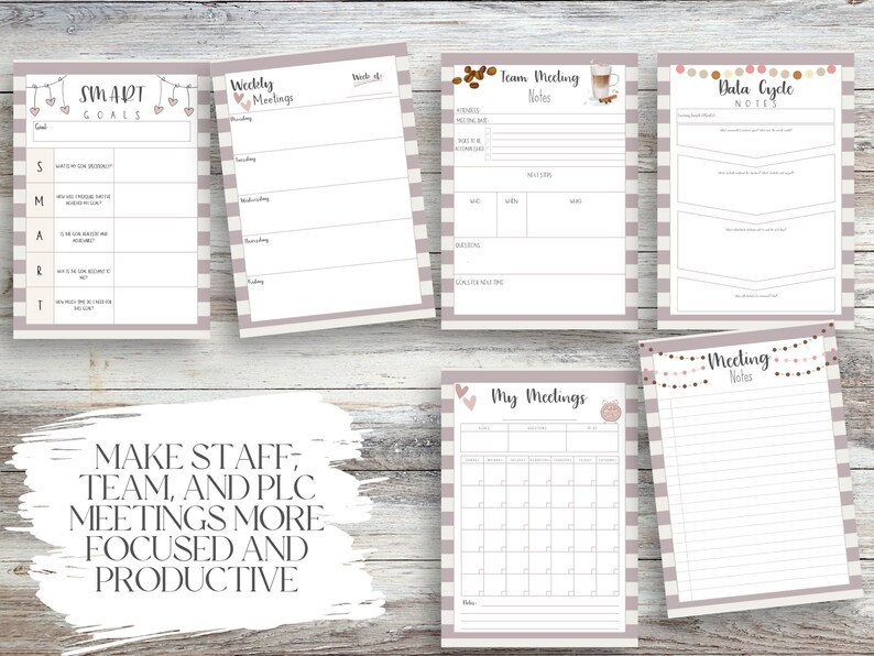 Puede incluir: Un conjunto de plantillas imprimibles para reuniones y planificaci&oacute;n. Las plantillas incluyen secciones para objetivos SMART, reuniones semanales, notas de reuniones de equipo, notas de ciclo de datos y un calendario de reuniones. El dise&ntilde;o presenta una paleta de colores neutros.