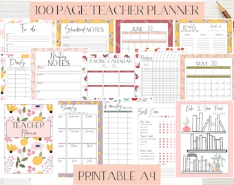 Druckbare Lehrer-Planer|Lehrer-Planer-Seiten|Lektions-Planer|Tagesplaner|Homeschool-Planer|Lehrer-Blumenplaner|A4 Planer