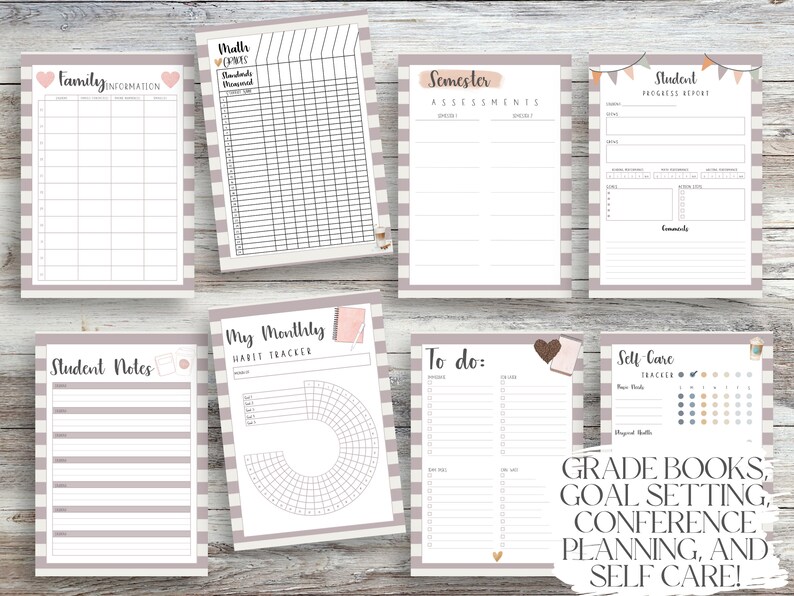 Puede incluir: Un conjunto de p&aacute;ginas de planificador imprimibles con un borde a rayas. Las p&aacute;ginas incluyen secciones para informaci&oacute;n familiar, matem&aacute;ticas, evaluaciones semestrales, progreso del estudiante, notas del estudiante, seguimiento de h&aacute;bitos, listas de tareas y autocuidado. El texto en la imagen dice: GRADE BOOKS, GOAL SETTING, CONFERENCE PLANNING, AND SELF CARE!