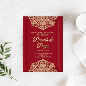 Convites de casamento indiano, modelo de convite de casamento indiano, convites de casamento vermelhos, decoração de casamento mandala, casamento elegante, MODELO DE CANVA