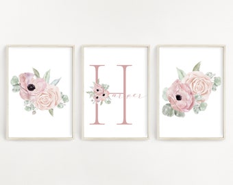 Set of 3 floral nursery custom flower prints,girls nursery decor,nursery name print,personalized nursery art,custom floral wall art,DOWNLOAD