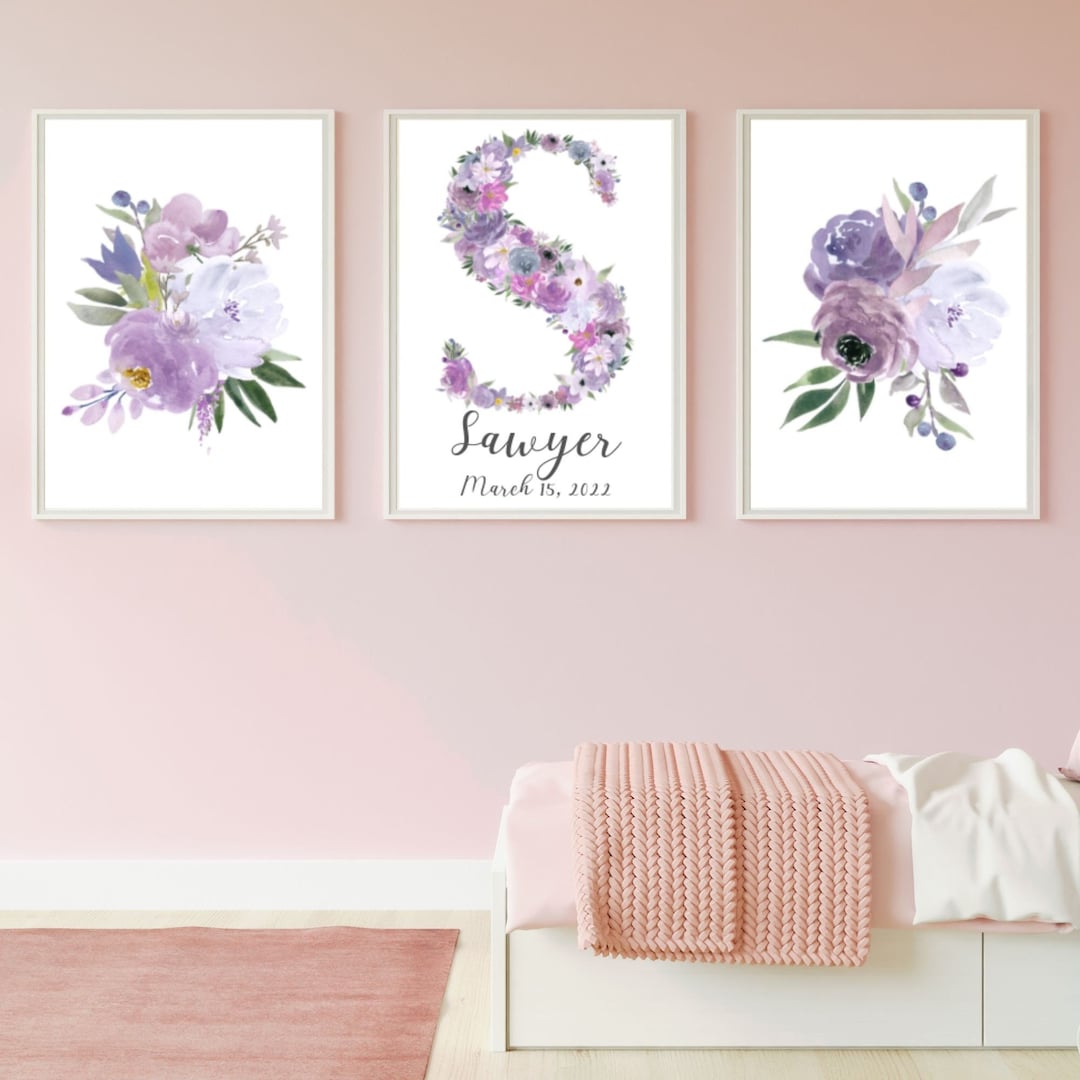 3 Purple Floral Nursery Custom Prints,nursery Decor,flower Wall Art ...