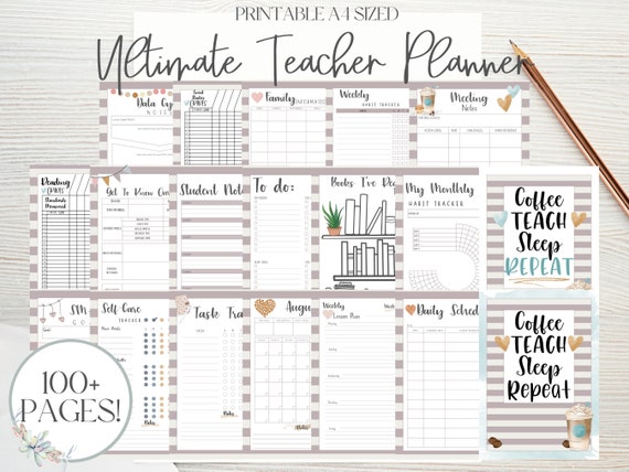 Coffee Teach Repeat|Printable Teacher Planner|Teacher Planner Pages|Lesson Planner|Daily Lesson Planner|Homeschool Planner|A4 Planner