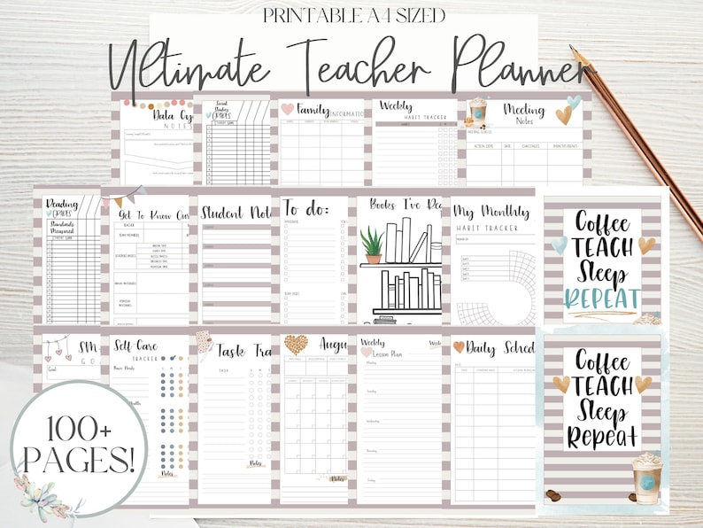 Puede incluir: Un planificador de profesor imprimible tama&ntilde;o A4 con varias p&aacute;ginas para la organizaci&oacute;n. El planificador incluye secciones para notas, horarios semanales y seguimiento de h&aacute;bitos. La portada presenta el texto "Coffee, Teach, Sleep, Repeat."