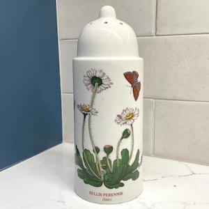 May include: A white ceramic spice shaker with a domed lid. The shaker is decorated with illustrations of daisies and a butterfly. The text "BELLIS PERENNIS Daisy" is printed on the bottom of the shaker.