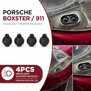May include: Four black headlight washer nozzles for Porsche Boxster/911 vehicles. The image shows the nozzles and a close-up of a car headlight. Text on the image reads "PORSCHE BOXSTER / 911 HEADLIGHT WASHER NOZZLES" and "4PCS HEADLIGHT WASHER NOZZLES PORSCHE BOXSTER / 911".