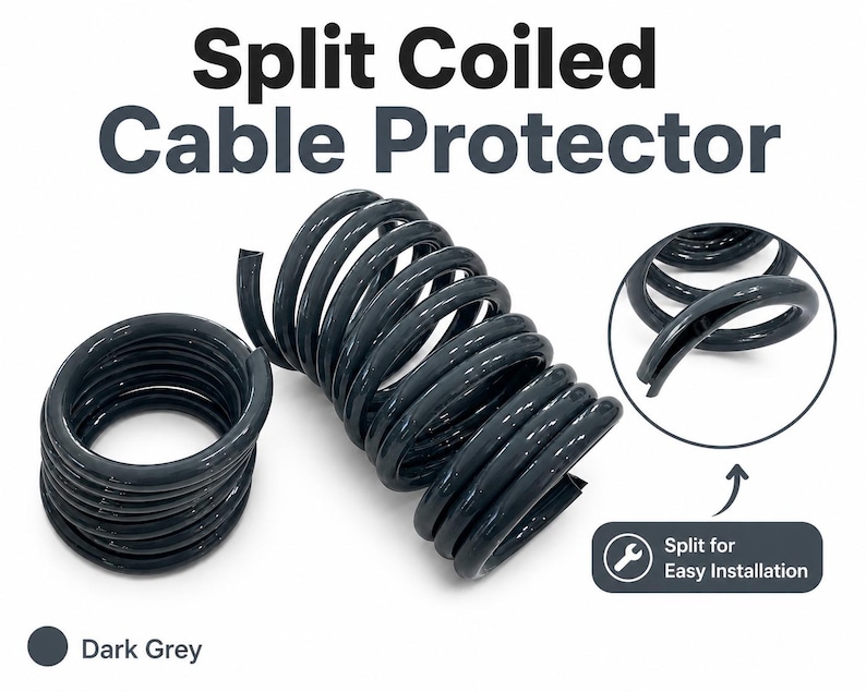 May include: A dark grey split coiled cable protector featuring a spiral design. The image includes the text "Split Coiled Cable Protector" and a circular inset showing the split detail with the text "Split for Easy Installation" and a wrench icon.