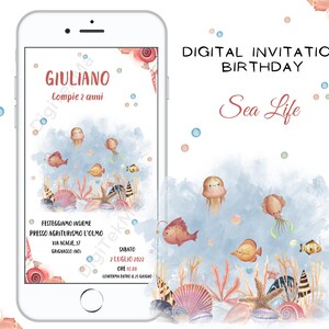 Digitale uitnodiging verjaardag jongen, meisje Sea Life, Marine, Aquarel, Aquarel voor WhatsApp, Social