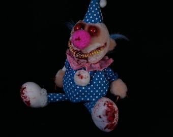 Peluche de payaso con ojos rojos y sonrisa sangrienta espeluznante, peluche de terror ciego, peluche hecho a mano, animal de peluche embrujado y espeluznante, peluche hecho a mano, fobia