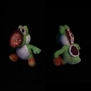 Creepy horror yoshi Nintendo plushie disturbing spooky haunted stuffed animal shocking frightening monster open skull handmade plushie toy