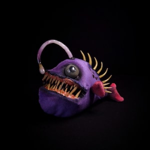 Creepy horror anglerfish deep sea creature disturbing spooky haunted stuffed animal shocking frightening monster teeth handmade plushie toy