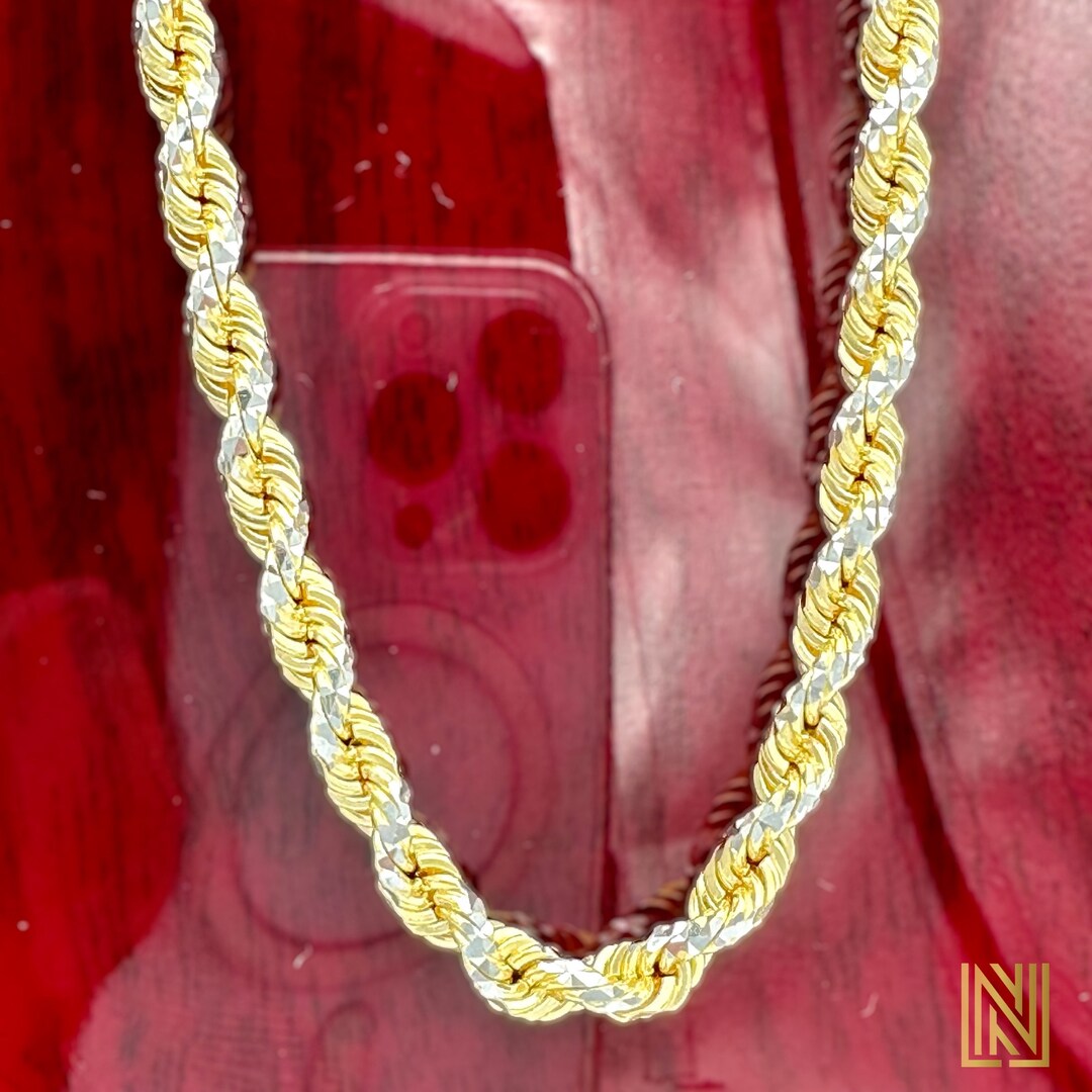 4mm 14k Solid Gold Twotone Diamond Cut Rope Chain, Gold Rope Necklace