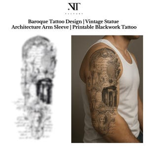 Baroque Tattoo Design  Vintage Statue & Architecture Arm Sleeve | Printable Blackwork Tattoo