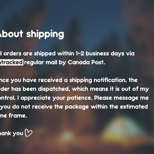 May include: Text on a blurred background that reads "About shipping" and explains that all orders are shipped within 1-2 business days via untracked standard mail by Canada Post. The text also states that once a shipping notification is received, the order has been dispatched and is out of the seller's control. The seller asks for patience and requests that buyers message them if they do not receive the package within the estimated time frame. The text ends with "Thank you".