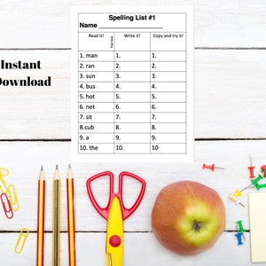 May include: A printable worksheet with the title "Spelling List #1" and a list of 10 words to practice spelling. The words are: man, ran, sun, bus, hot, net, sit, cub, a, and the. The worksheet is designed for children learning to spell.