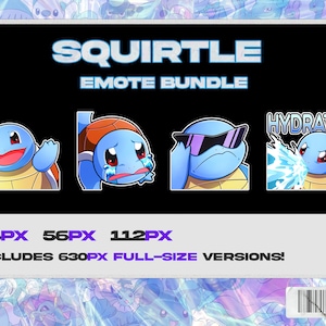 Może przedstawiać: Zestaw czterech emotikonów Squirtle z różnymi wyrażeniami. Emotikony są w stylu kreskówkowym i obejmują Squirtle machającego, Squirtle płaczącego, Squirtle w okularach przeciwsłonecznych i Squirtle pryskającego wodą. Emotikony są dostępne w rozmiarach 28px, 56px i 112px, a także w pełnym rozmiarze 630px.