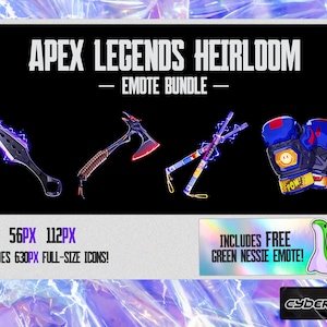Könnte beinhalten: Eine digitale Illustration eines Apex Legends Heirloom-Emote-Pakets. Das Paket enthält vier Emotes: ein Paar Nunchucks, ein Wurfmesser, eine Axt und ein Paar Boxhandschuhe. Der Text "INCLUDES FREE GREEN NESSIE EMOTE!" wird in einem grünen Kasten mit holografischem Effekt angezeigt. Der Text "28PX 56PX 112PX INCLUDES 630PX FULL-SIZE ICONS!" wird unter den Emotes angezeigt. Der Text "APEX LEGENDS HEIRLOOM - EMOTE BUNDLE -" wird oben im Bild angezeigt. Der Text "CYBERCURE" wird unten im Bild angezeigt.