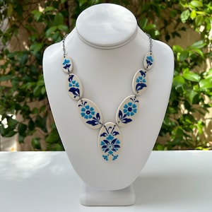 Handmade Ceramic Pendant Necklace -Traditional, Turkish, Linked Pattern -Blue, Turquoise, Floral, Large Jewelry -Artisan gift for her