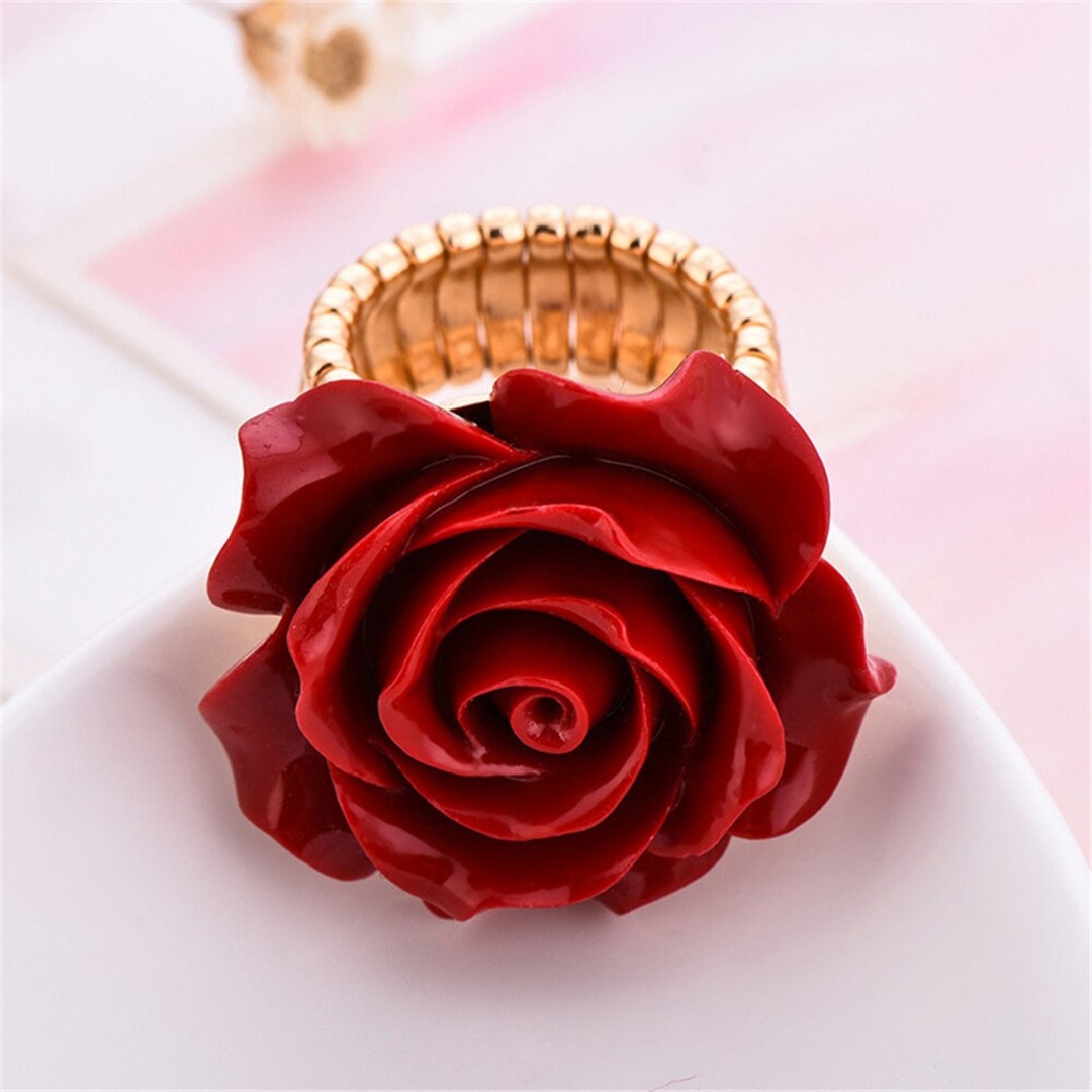 Red Rose Flower Resin Ring Adjustable Gold Flower Ring Etsy