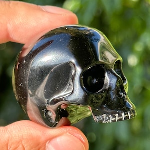 1.8” Obsidian Gold/Silver Sheen half jaw Crystal Skull  black HQ gemstone Carving guardian skulls jawless Halloween