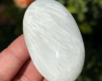 Scolecite White Palm Meditation Stone | HQ Gemstone Pearly Feathery Flash Crystal 2.6”
