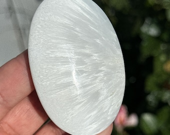 Scolecite White Palm Meditation Stone | HQ Gemstone Pearly Feathery Flash Crystal 2.8”