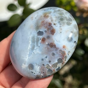 May include: A polished, oval-shaped stone with a light blue base color. The stone features a mix of brown, gray, and white patterns, creating a unique, natural appearance. The stone is smooth and appears to be held in a hand.
