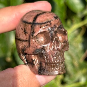 2” Rhodonite Crystal Skull black pink HQ gemstone Carving guardian skulls Halloween