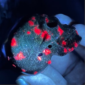 May include: A dark green skull-shaped stone with red flecks, illuminated under a black light.