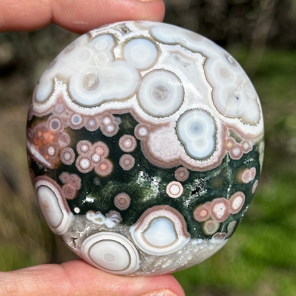 HQ Ocean Jasper Pink & Blue Oldstock Chunky Palmstone orbs Collector piece