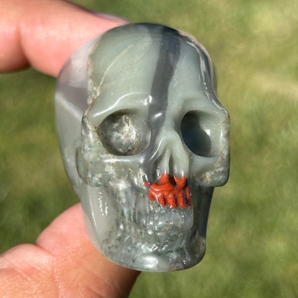 2” Bloodstone Crystal Skull with Bloody Nose red HQ gemstone Carving