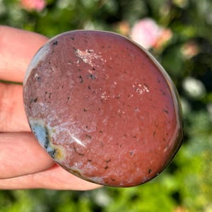 May include: A polished, oval-shaped stone with a mix of red, brown, and white hues. The stone has a smooth, glossy surface and small dark speckles throughout. The colors blend together, creating a natural, earthy appearance.