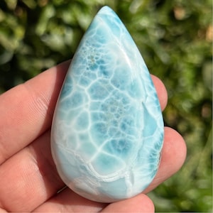 HQ Larimar 64mm Cabochon large teardrop blue pattern gemstone chatoyant Dominican Republic crystal