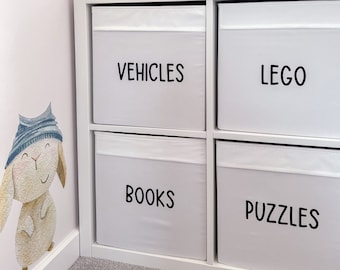 Kids wardrobe organization labels, Ikea kallax drona trofast storage, nursery draw label organization, toy box decals