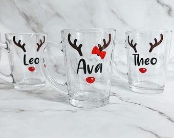 Taza de cristal personalizada con diseño de reno, regalo de Nochebuena