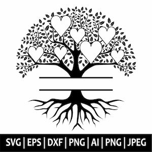 Árbol de la vida svg, árbol con corazón svg, árbol de la vida svg monograma, árbol genealógico svg, árbol silueta vector clipart, archivos de corte svg para cricut