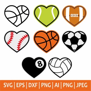 Pacote Svg de corações esportivos, Svg esportivo, corações de bola esportiva Svg, coração de futebol, coração de beisebol, coração de futebol, clipart de coração, arquivo de corte Svg Cricut