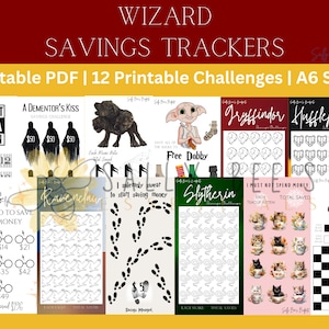 Könnte beinhalten: Zwölf druckbare Spar-Tracker-Herausforderungen mit Harry-Potter-Motiven. Jede Herausforderung hat ein anderes Design, darunter die Wappen der Häuser Gryffindor, Hufflepuff, Slytherin und Ravenclaw sowie Charaktere wie Dobby und Sirius Black.