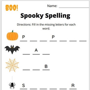 Children&#39;s Educational Spelling Activity Worksheet Halloween Themed Printable PDF