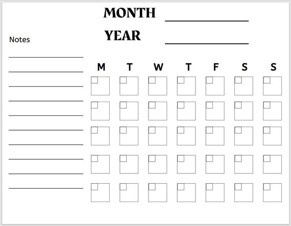 Monthly Calendar Template 11 by 8.5 Printable PDF Download - Etsy