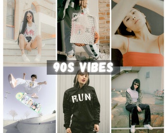 Puede incluir: Un collage de imágenes con temática de los 90. Las imágenes muestran personas con ropa informal, haciendo skate y posando en entornos urbanos. El texto "90s Vibes" se muestra en negrita, en blanco.