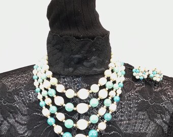 Vintage Four Strand Turquoise and White Faux Pearl Beaded Necklace with matching Clip-on Earrings