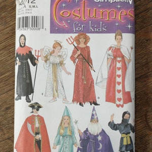 May include: Simplicity costume pattern for kids, featuring illustrations of various costumes. The costumes include a wizard, angel, pirate, and devil. The pattern is labeled with sizes S, M, and L.