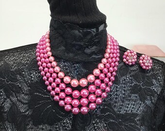 Vintage Four Strand Pink Faux Pearl Beaded Necklace with matching Clip-on Earrings