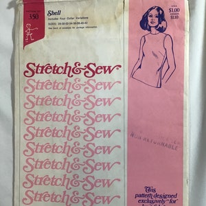 May include: A vintage sewing pattern envelope for a sleeveless top with a collar. The pattern is called "Stretch & Sew" and is designed for knit fabrics by Ann Person. The pattern is for sizes 28-30-32-34-36-38-40-42.