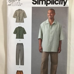 May include: A sewing pattern for a shirt and pants. The pattern is for sizes US 44-52, Euro 54-62, and French 54-62. The pattern includes instructions for making a short-sleeved shirt with a collar and a pair of pants with a waistband.