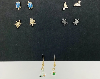 Turtle lovers Gold & Silver-tone Stud and Dangle Earrings lot of 5 pair